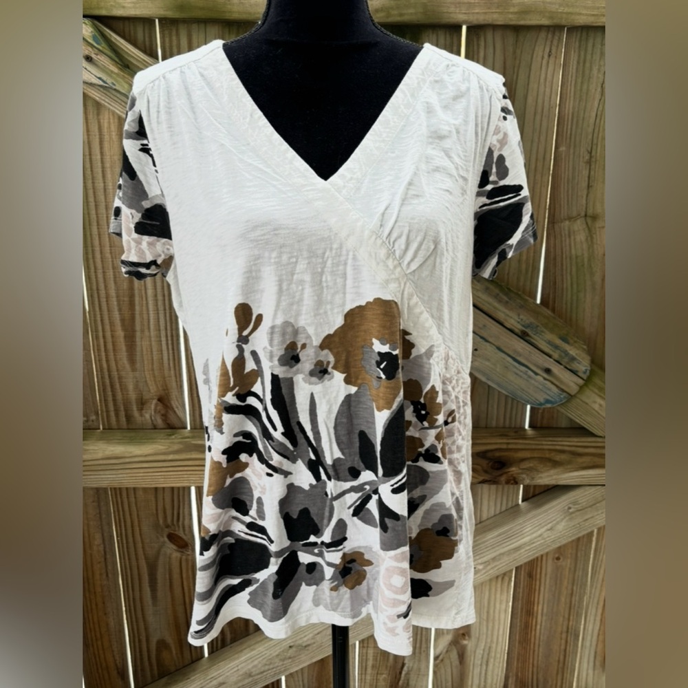New Direction Weekend Short Sleeve Floral Cotton V-Neck T-Shirt Size XL